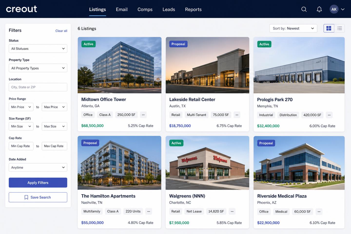 Creout listings workspace showing property cards, filters and pipeline